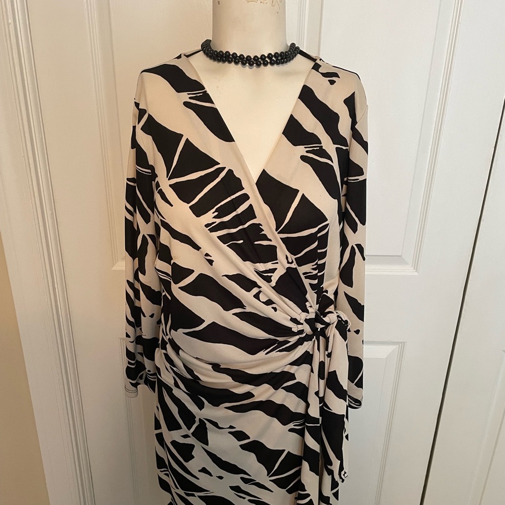Black and white abstract print wrap dress